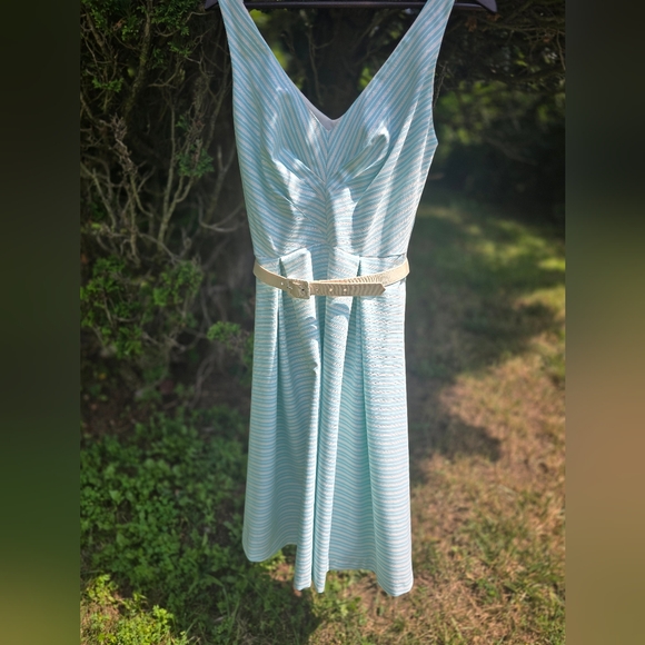 Eva Franco Light Blue & White Striped A-Line Midi Dress Sleeveless V-Neck - Picture 2 of 3